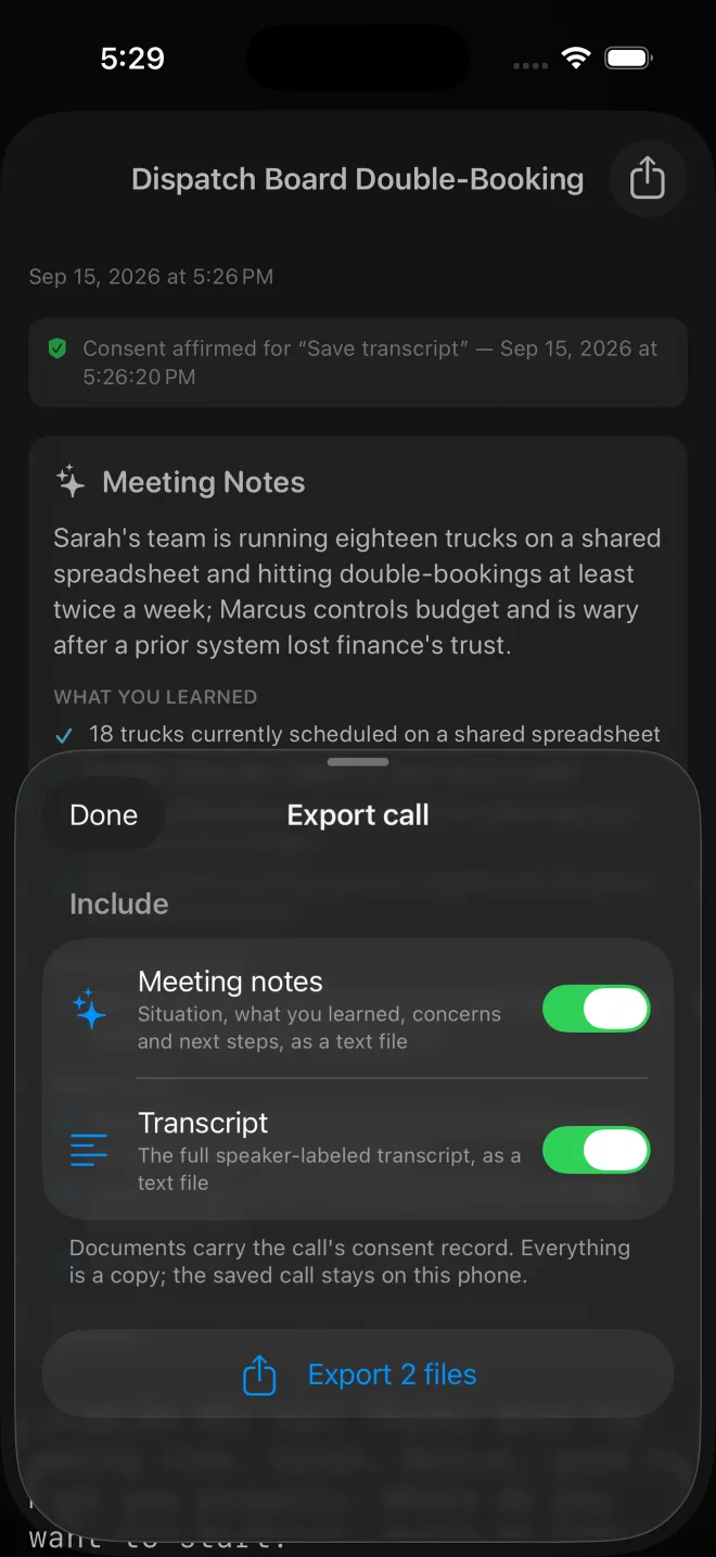 Export for a saved call: choose meeting notes, transcript and audio to share