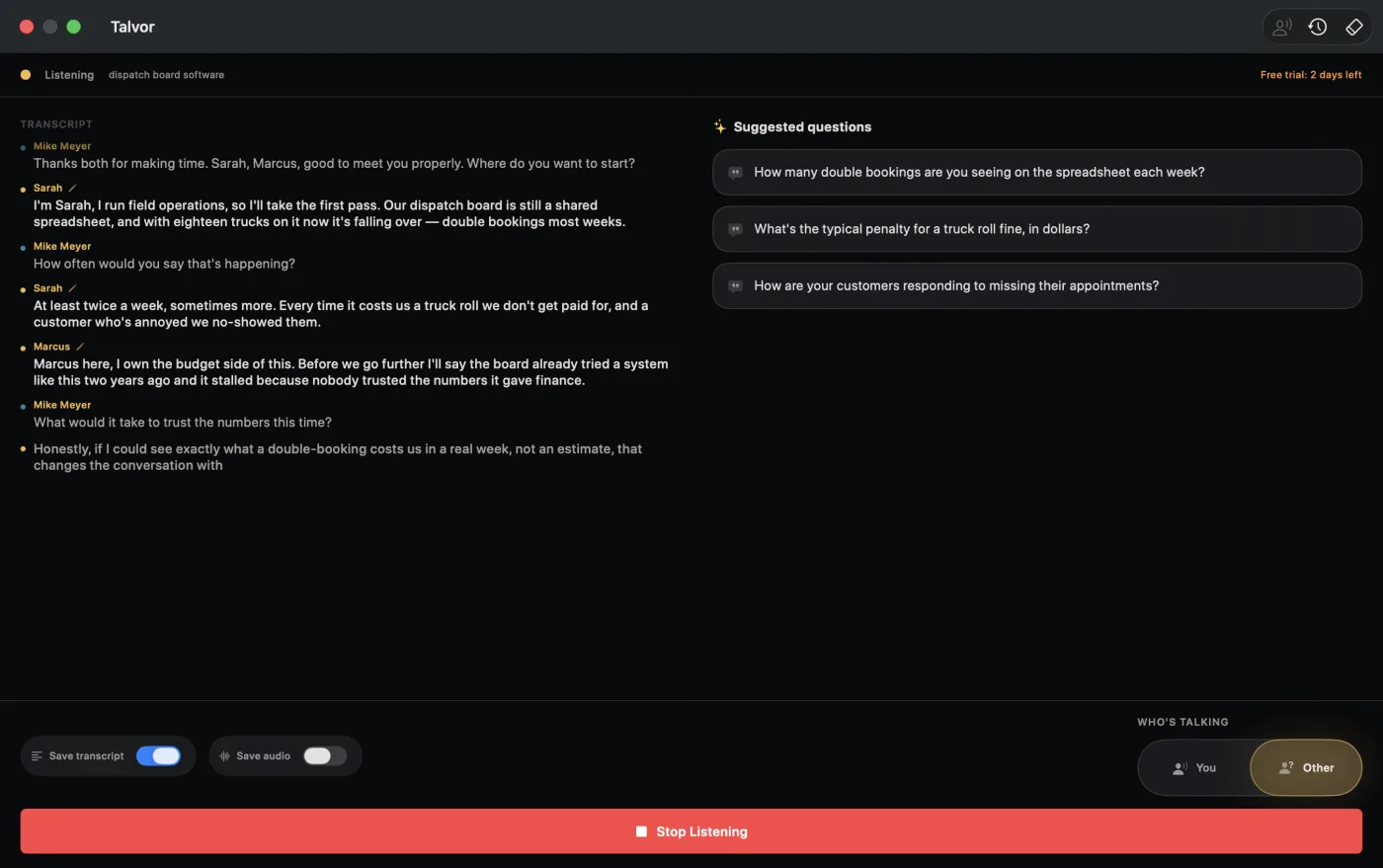 Talvor on Mac during a call with Sarah and Marcus: the transcript on the left with each line named, and three Suggested questions on the right