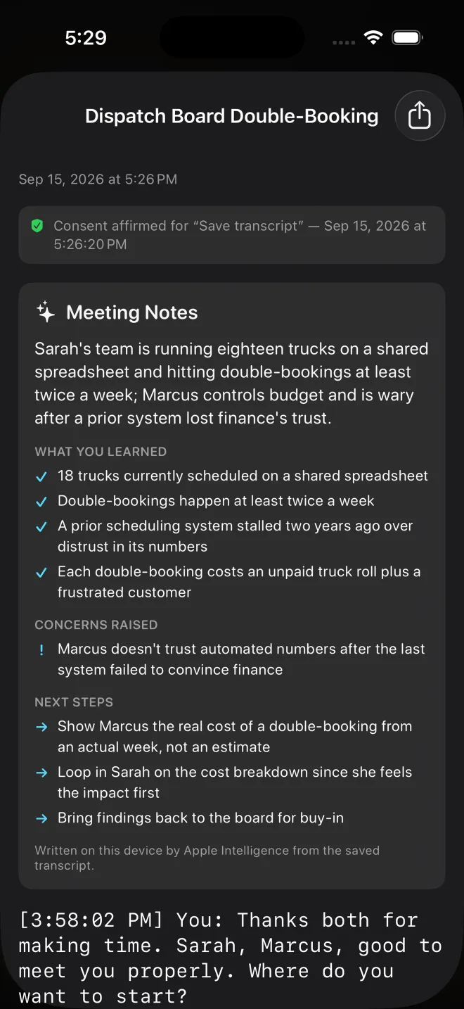 Meeting Notes for a saved call: an overview, what you learned, concerns raised and next steps, with the consent record at the top